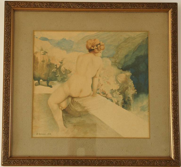 Paire de peintures à l'aquarelle Art nouveau représentant des nus par A. Crommen, 1918 Bon état - En vente à Antwerp, BE