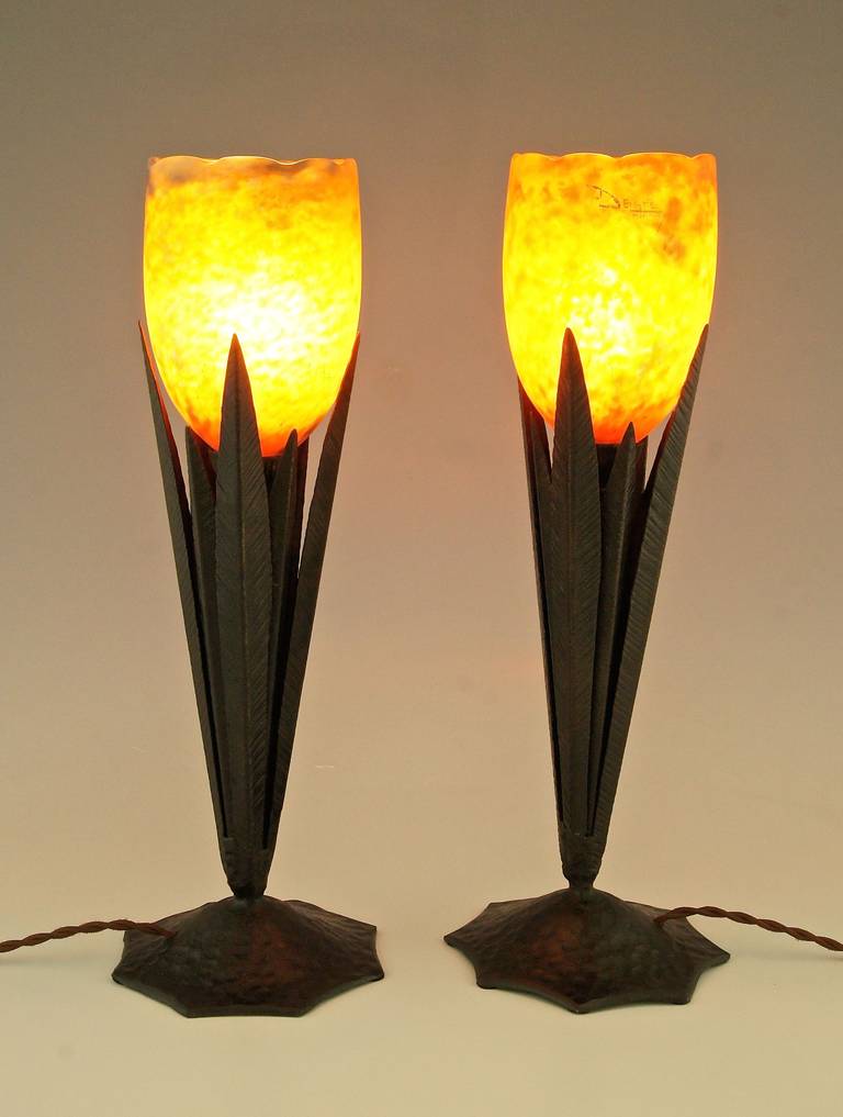 Pair Of Delatte Art Deco Table Lamps With Orange And Blue Glass At A Pair Of Delatte Nancy Table Lamps With Orange And Blue Glass Shades Signature