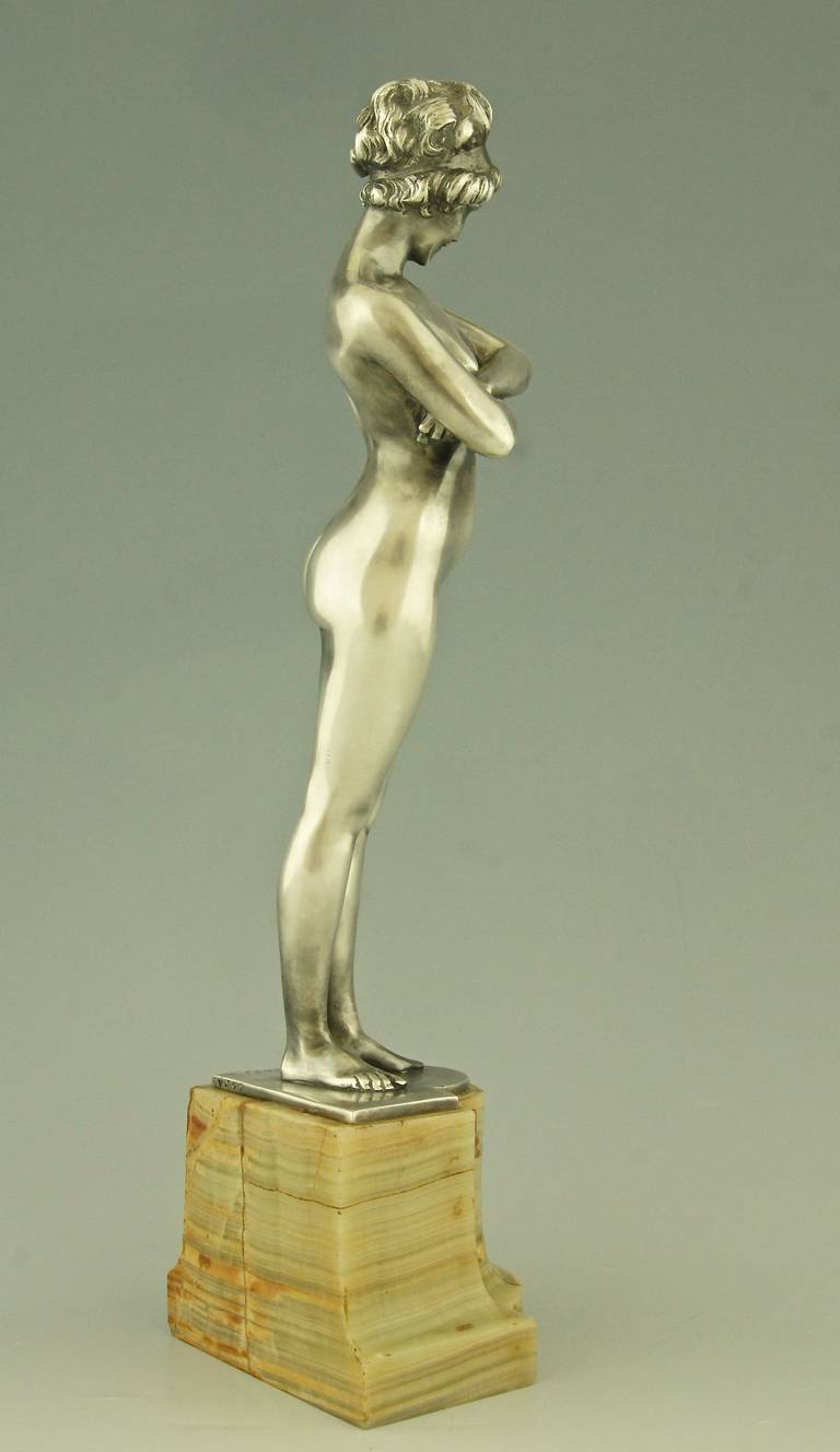 French Art Deco Silvered Bronze sculpture Nude by Paul Philippe, France, 1920