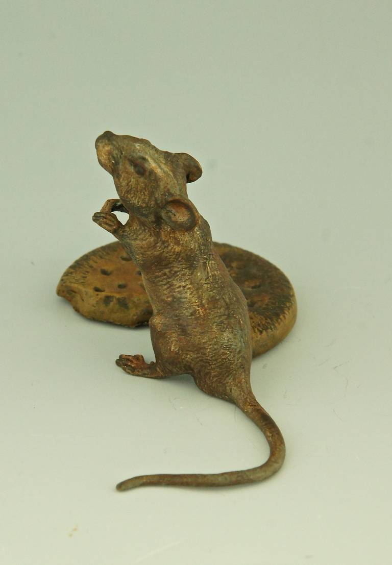 Austrian Cold Painted Vienna Bronze Mouse with Biscuit by Bergman