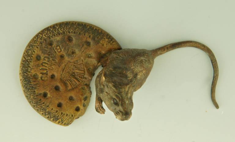 Mid-20th Century Cold Painted Vienna Bronze Mouse with Biscuit by Bergman