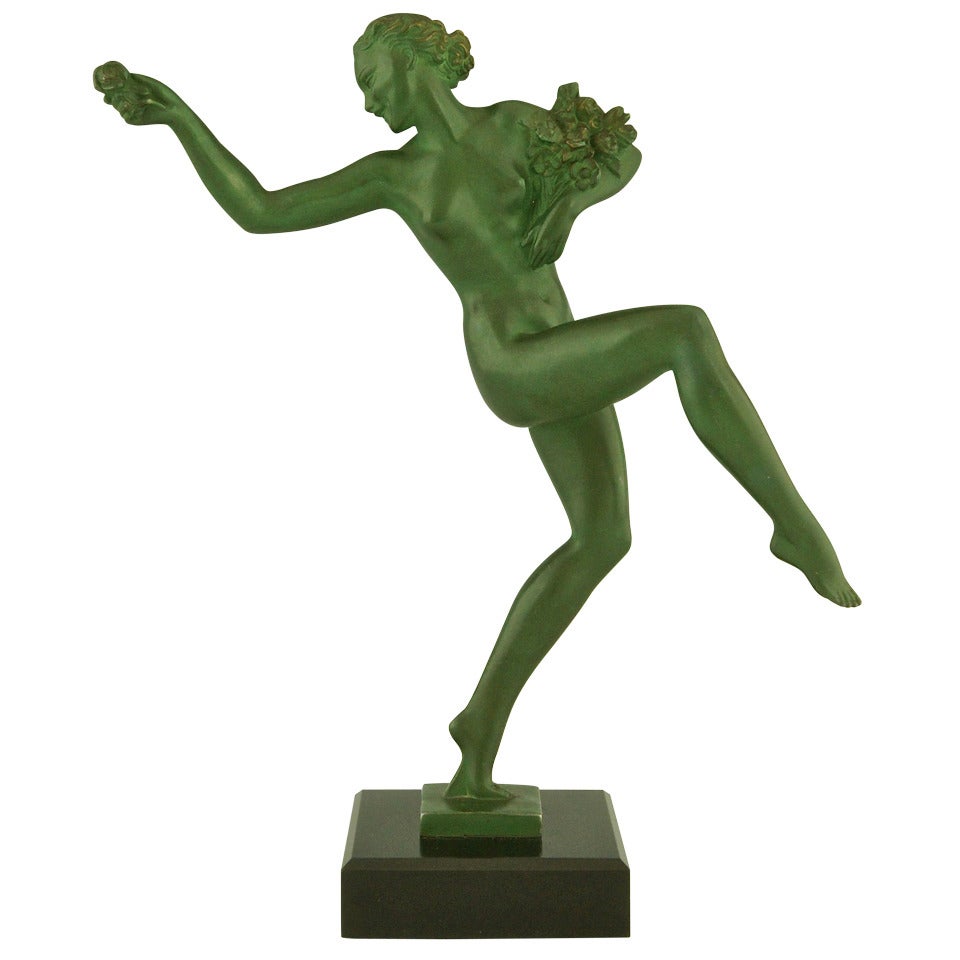 Art Deco sculpture Dancing Nude with Flowers by Fayral, Pierre Le Faguays, 1930