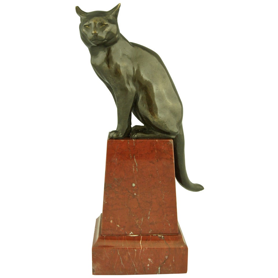 Art Deco Bronze of a Sitting Cat, France 1920