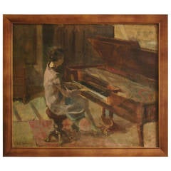 Art Deco Oil painting Woman Playing the Piano by Leo Bervoets, Belgium 1920 11