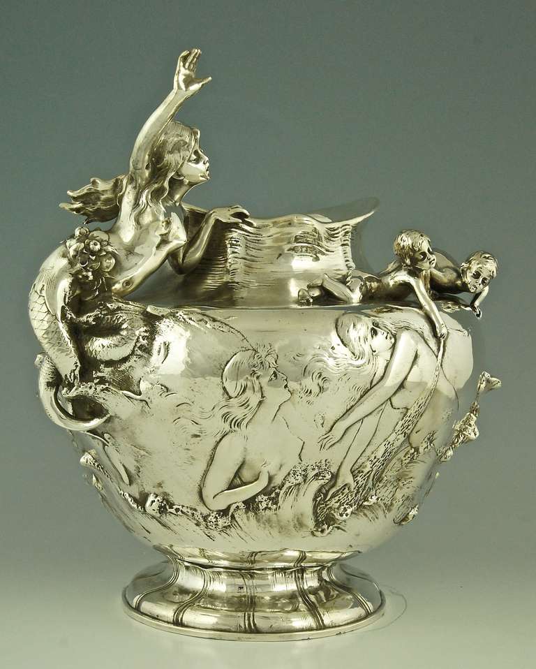 Pewter Art Nouveau Vase with Mermaid and Cupids by W. Hareng