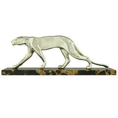 Vintage Art Deco Silvered Panther by M. Font on Marble Base, France