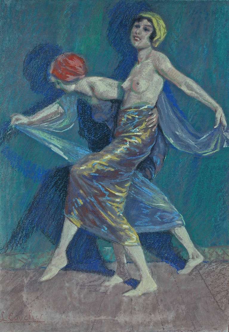 Art Deco Pastel of Two Dancers by L. Cuvelier, France 1925