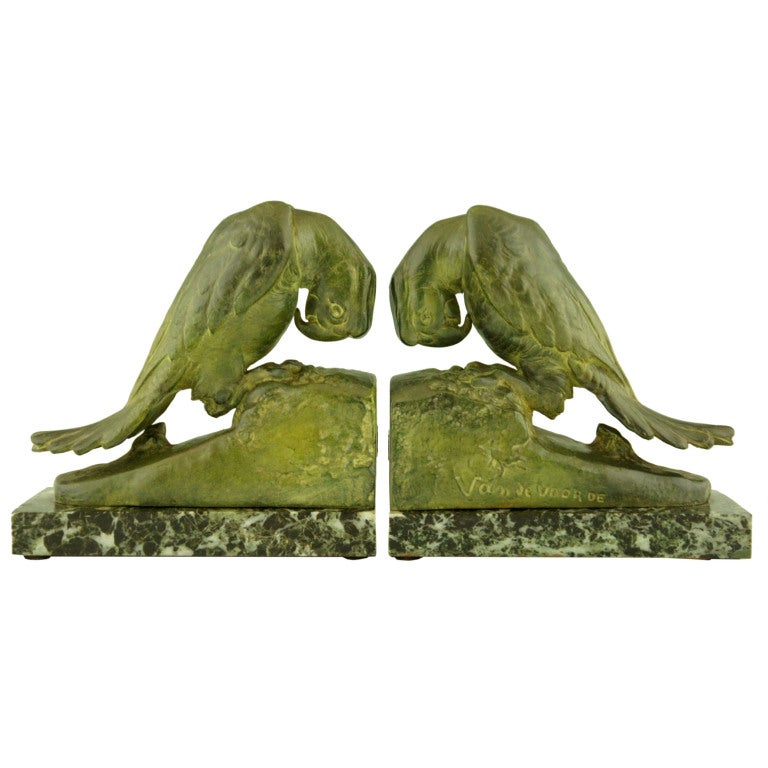 Art Deco Parrot Bookends by G. Van de Voorde with Foundry Seal