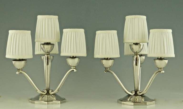 A pair of French Art Deco silvered bronze table lamps by Berger 1930