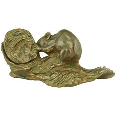 Antique Bronze Sculpture of a Mouse with Oyster by A. Foretay, France, 1890