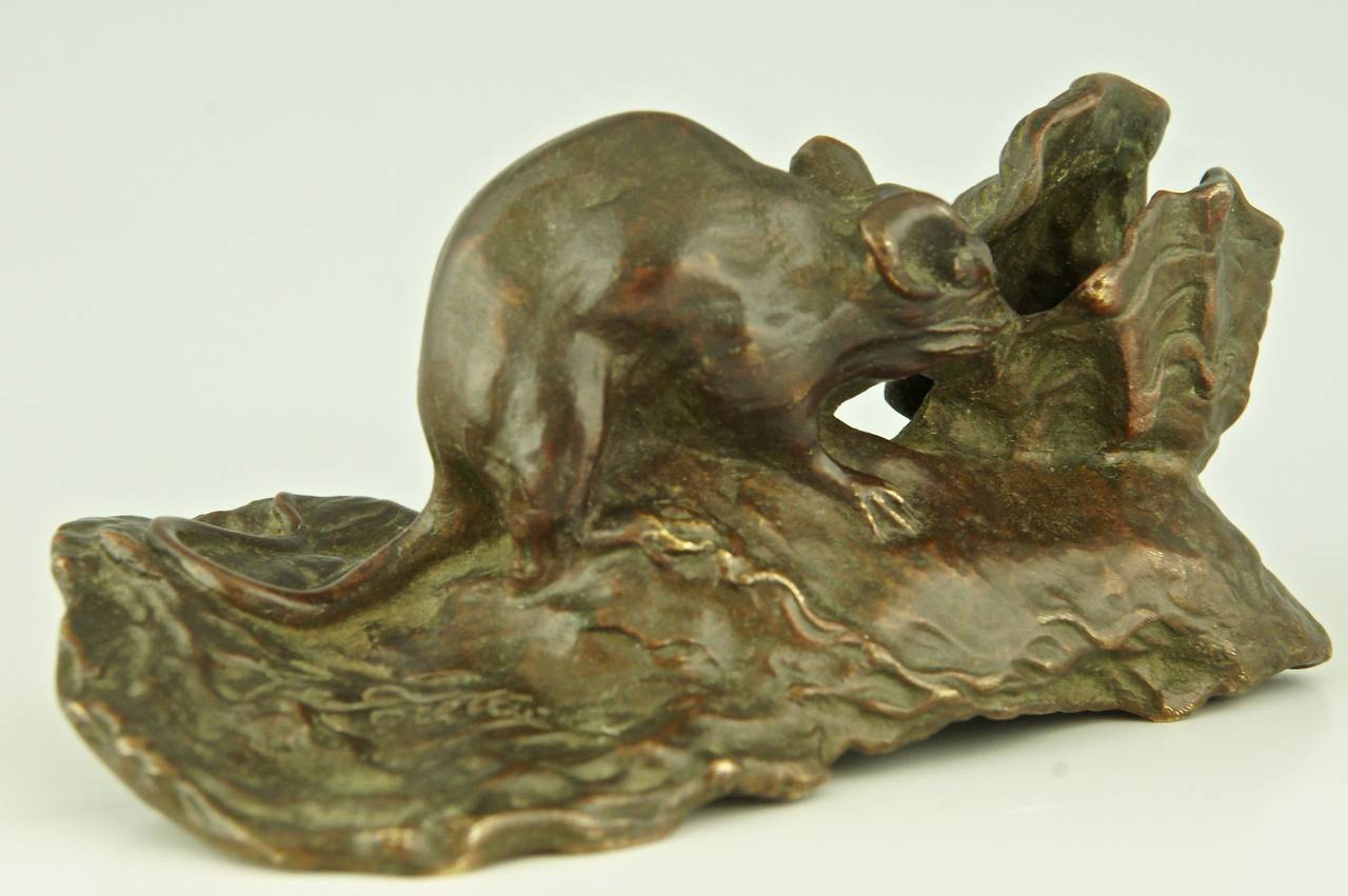 Antique Bronze Sculpture of a Mouse with Oyster by A. Foretay, France, 1890 1