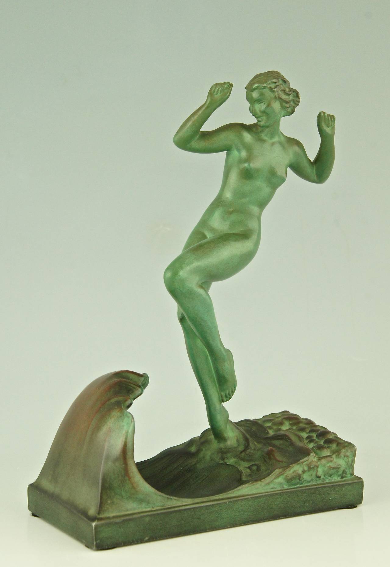 French Art Deco Sculpture of a Nude in the Waves by Guerbe, France, 1930
