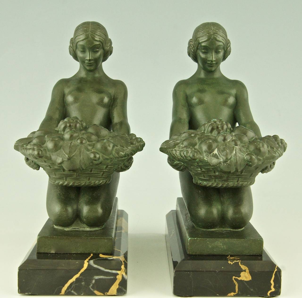 Patinated Art Deco Bookends with Nudes by Max Le Verrier, France, 1930