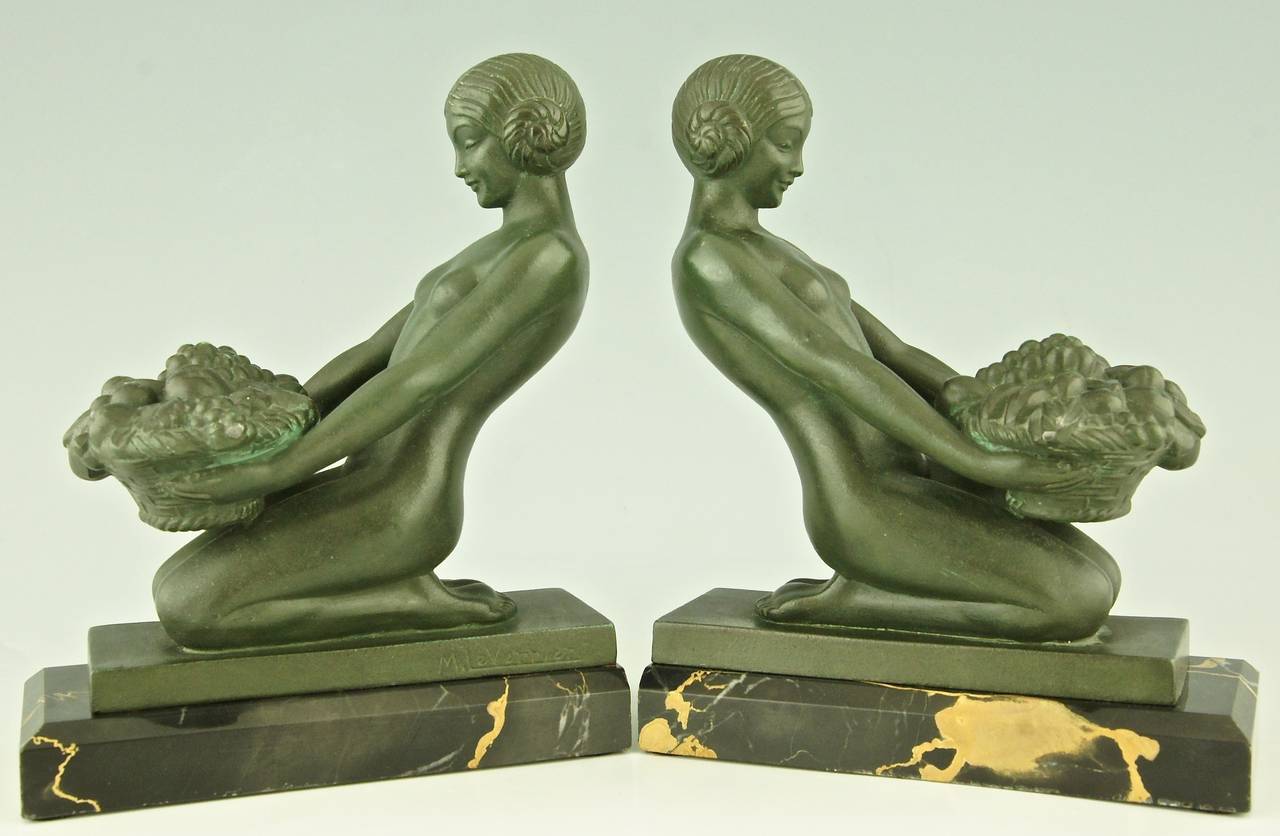 Marble Art Deco Bookends with Nudes by Max Le Verrier, France, 1930