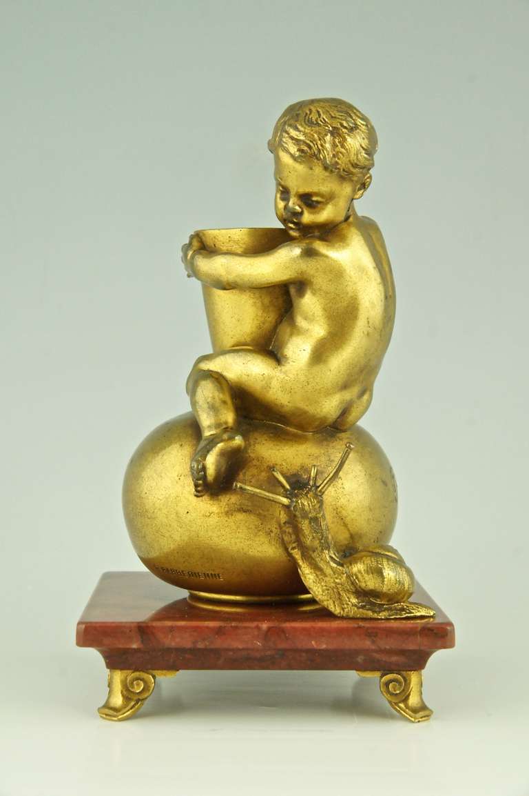 Romantic Antique Bronze of a Boy On a Vase Staring at a Snail by Ernest Barrias