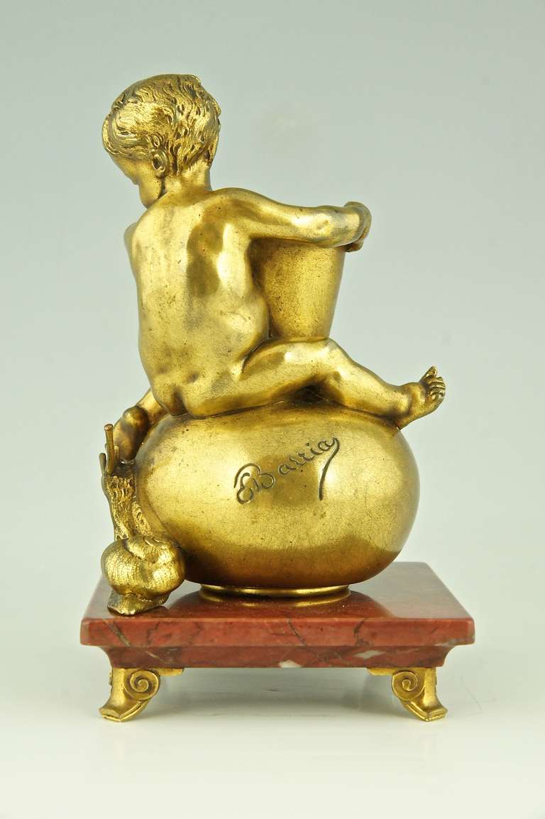 French Antique Bronze of a Boy On a Vase Staring at a Snail by Ernest Barrias