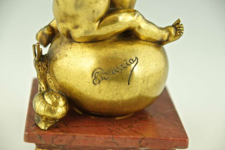 Antique Bronze of a Boy On a Vase Staring at a Snail by Ernest Barrias 2