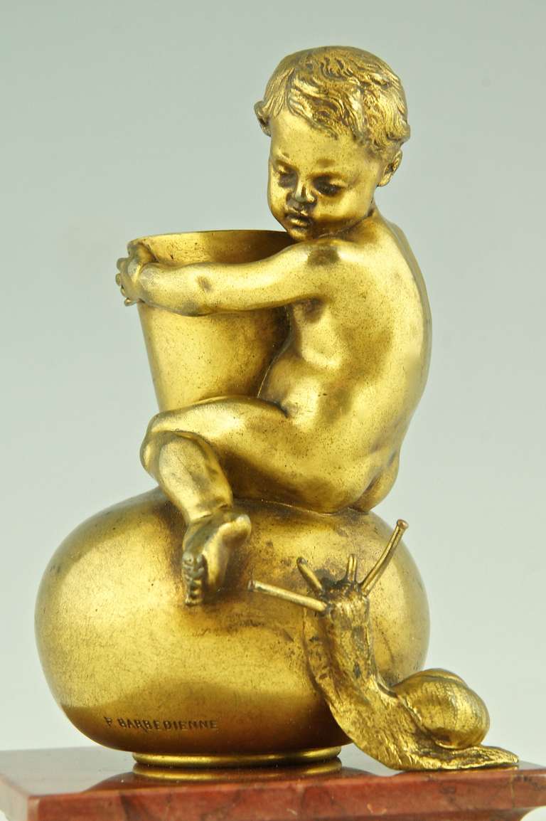 Antique Bronze of a Boy On a Vase Staring at a Snail by Ernest Barrias 3