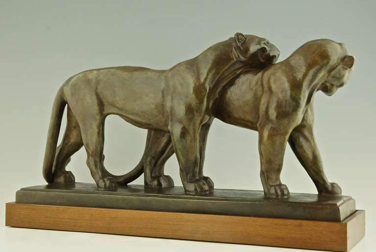 French Art Deco Bronze Sculpture of Two Panthers by  André Vincent Becquerel,