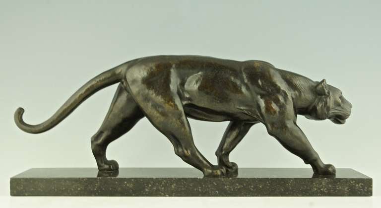 Patinated French Art Deco Bronze sculpture of Walking Panther by Alexandre Ouline 1930