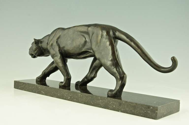 French Art Deco Bronze sculpture of Walking Panther by Alexandre Ouline 1930 1