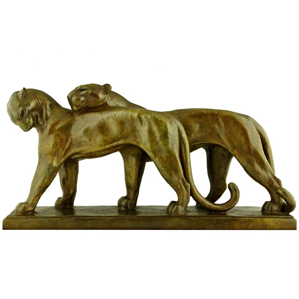 Art Deco Bronze Sculpture of Two Panthers by  André Vincent Becquerel,