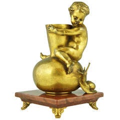 Antique Bronze of a Boy On a Vase Staring at a Snail by Ernest Barrias