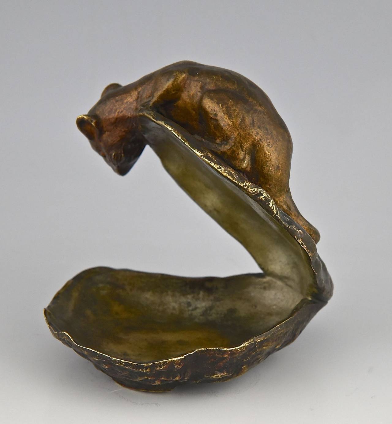 French Antique Bronze Sculpture of a Mouse on a Shell by Lucien Dropsy