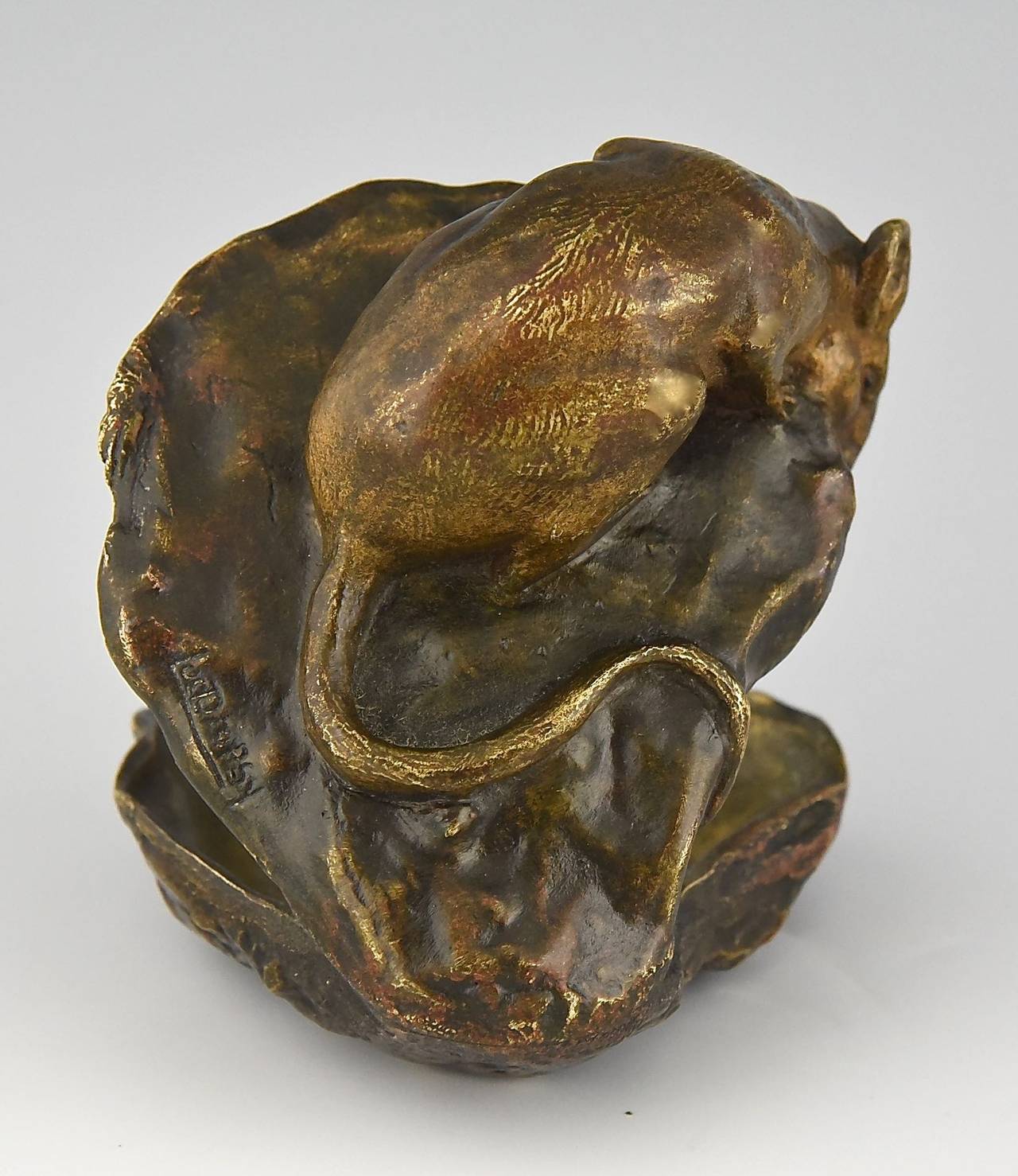 Patinated Antique Bronze Sculpture of a Mouse on a Shell by Lucien Dropsy