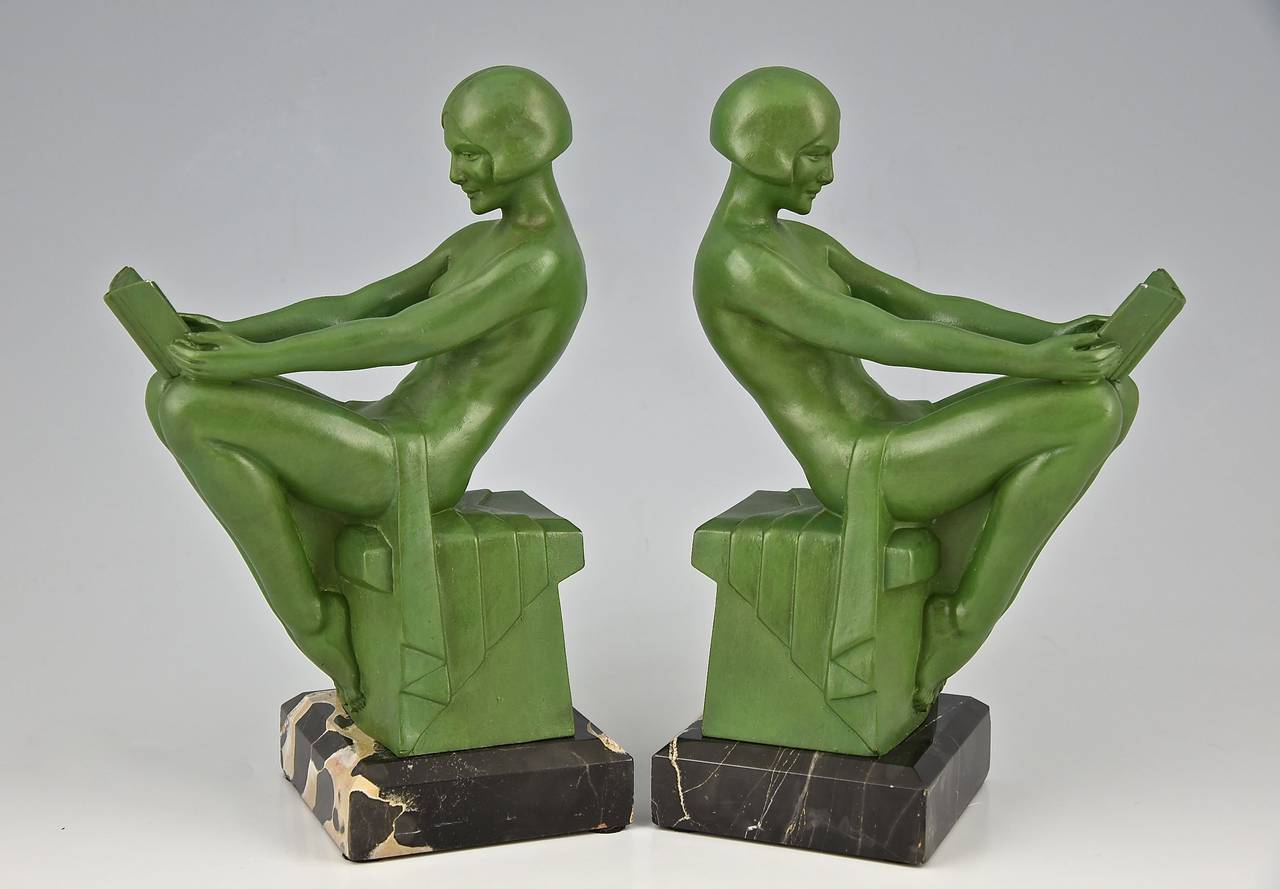 Patinated Art Deco Bookends Reading Nudes by Max Le Verrier 1930