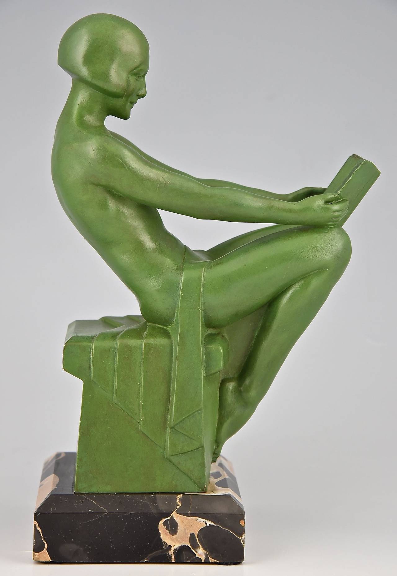 20th Century Art Deco Bookends Reading Nudes by Max Le Verrier 1930