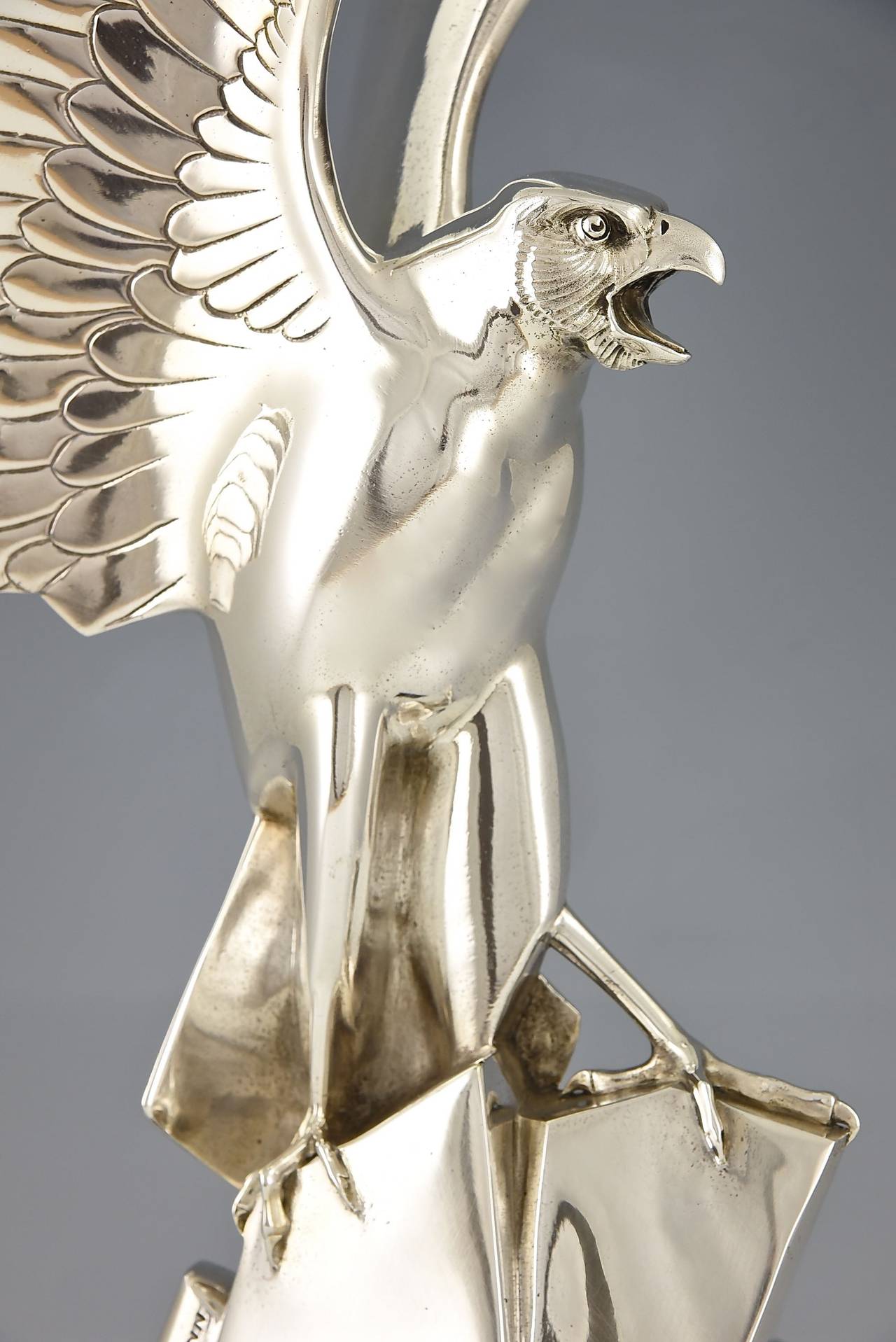 Mid-20th Century Art Deco Silvered Bronze Eagle Sculpture by Henri Rischmann 1930