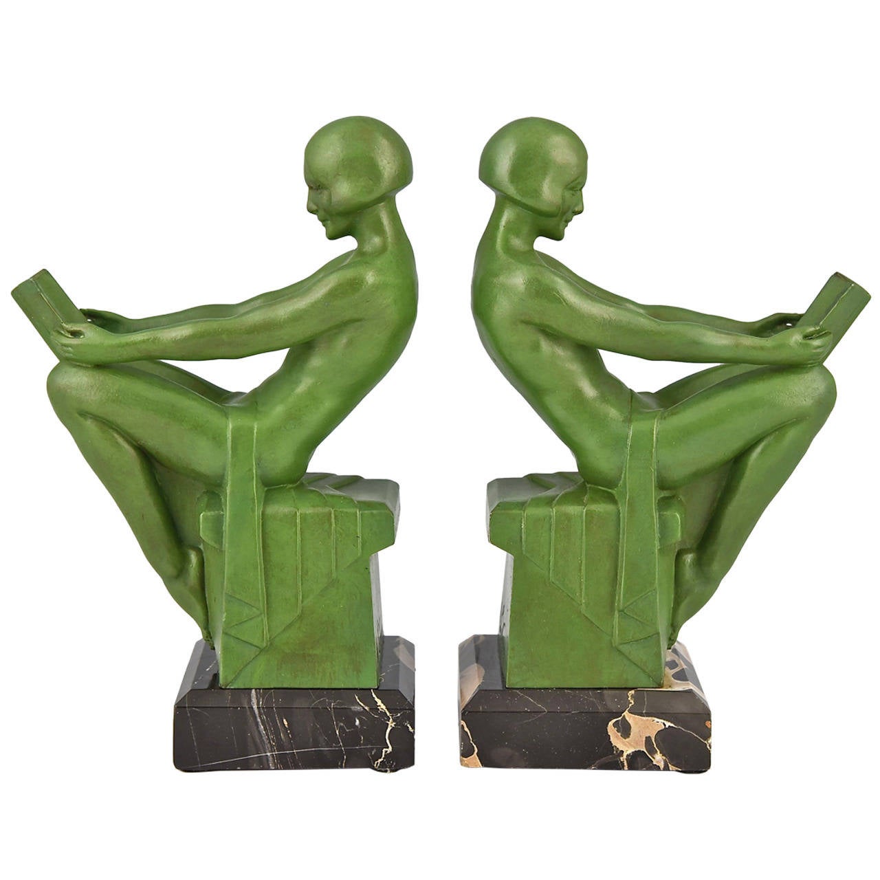 Art Deco Bookends Reading Nudes by Max Le Verrier 1930