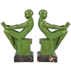 Art Deco Bookends Reading Nudes by Max Le Verrier 1930