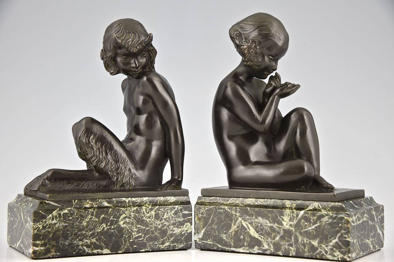 Art Deco Bronze Bookends with Satyr and Girl by Pierre Laurel, 1930 In Good Condition In Antwerp, BE