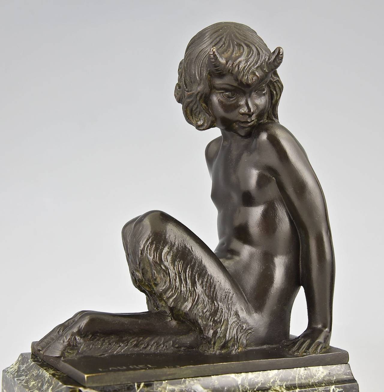 Marble Art Deco Bronze Bookends with Satyr and Girl by Pierre Laurel, 1930