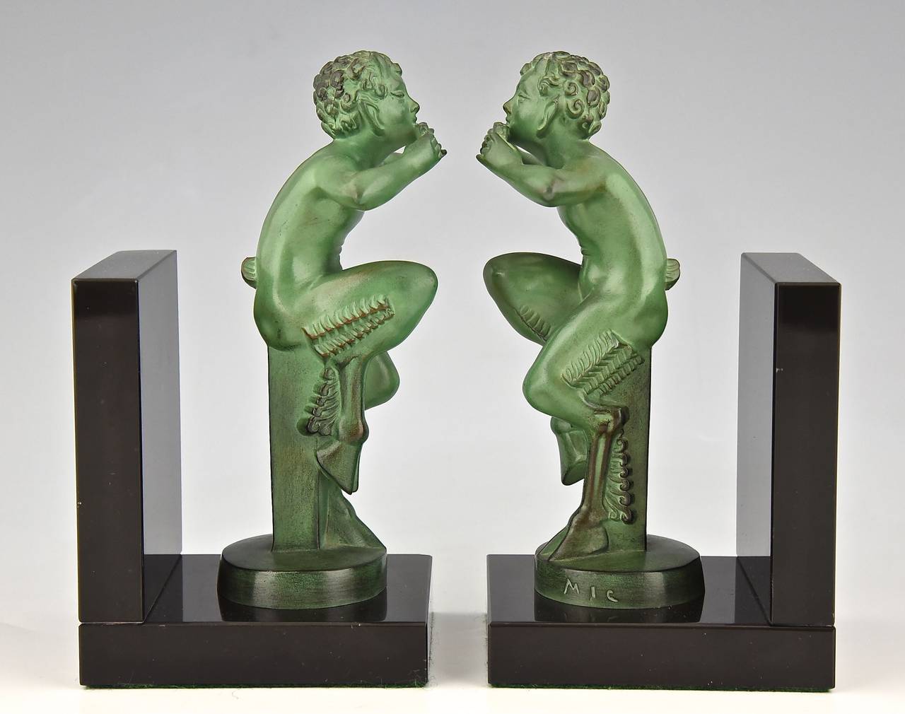 Patinated French Art Deco Satyr Bookends by Mic, Max Le Verrier Foundry 1930
