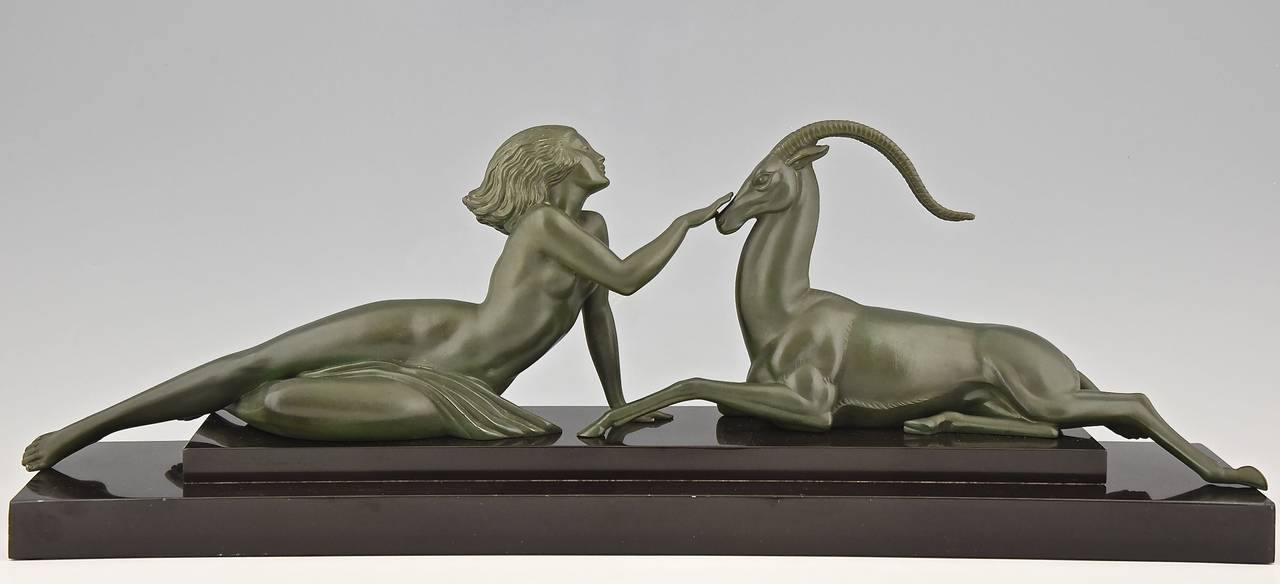 Art Deco Sculpture of a Nude & Gazelle by Fayral, Max Le Verrier Foundry 1930