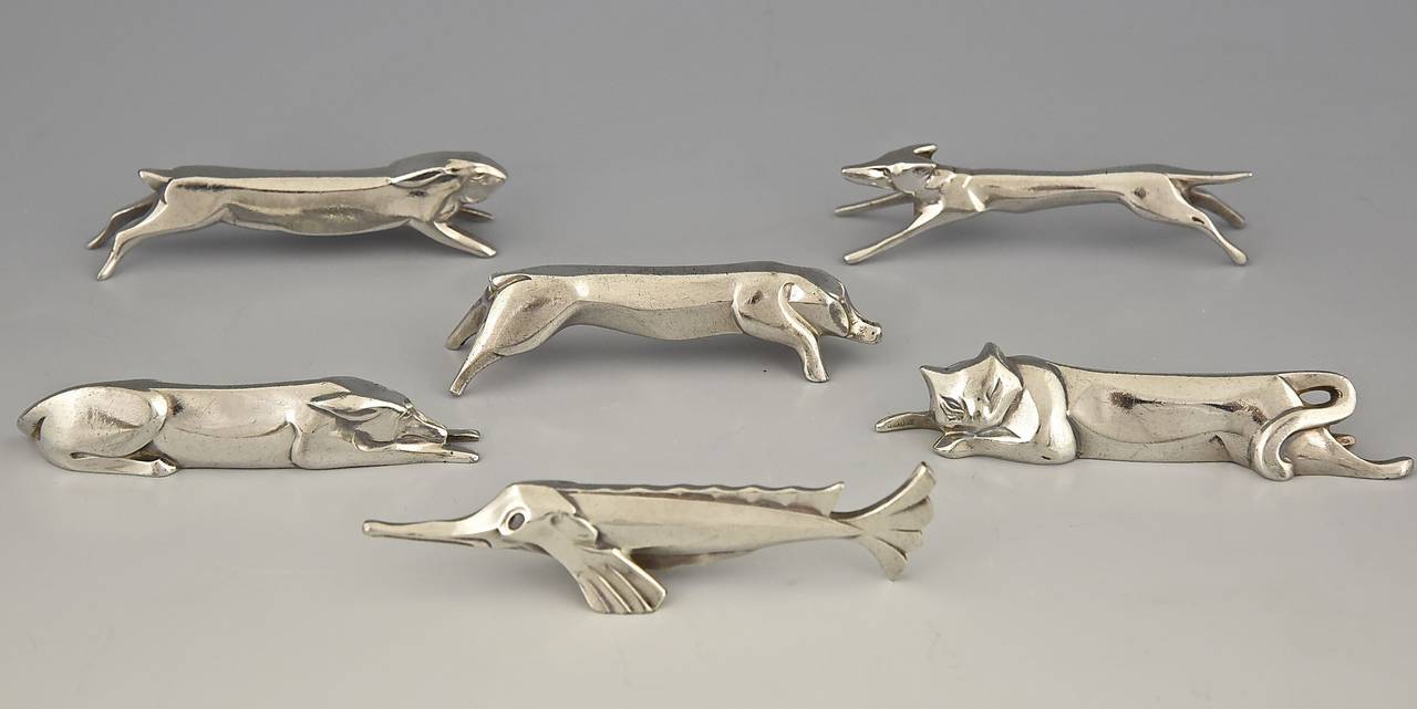 French 12 Art Deco Silver Plated Animal Knife Rests Sandoz for Gallia, Christofle 1930