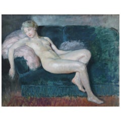 Peinture Art déco d'un nu sur un canapé par Xavier Bricard