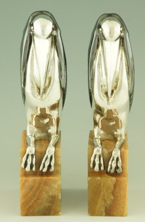 French Art Deco Bronze Marabou Stork Bookends by M. Bouraine