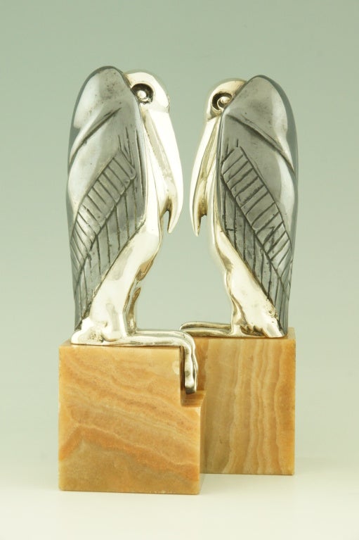 Art Deco Bronze Marabou Stork Bookends by M. Bouraine 1