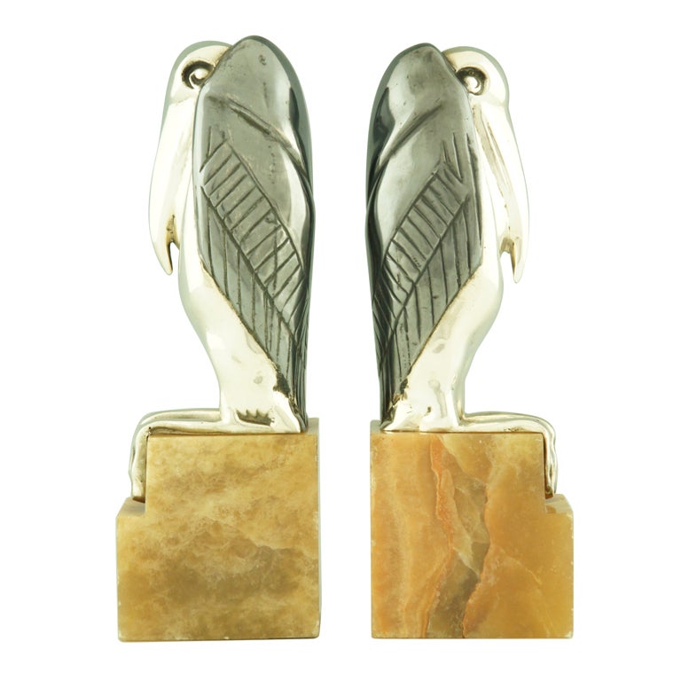 Art Deco Bronze Marabou Stork Bookends by M. Bouraine