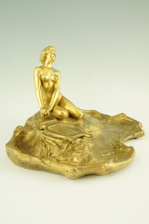 Art Nouveau Bronze Inkwell with a Nude and Lyre by H. Godet