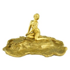 Art Nouveau Bronze Inkwell with a Nude and Lyre by H. Godet