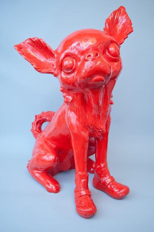 Resin Huge cloned red Chihuahua with sneakers by William Sweetlove.