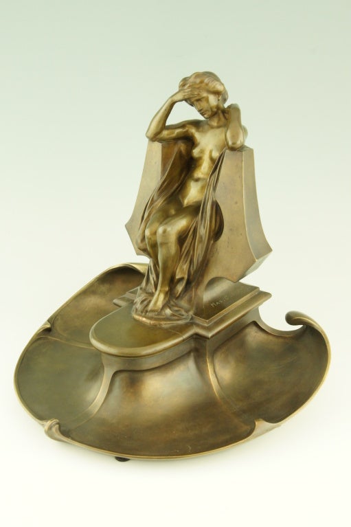 20th Century Art Nouveau bronze inkwell by Max Blondat.