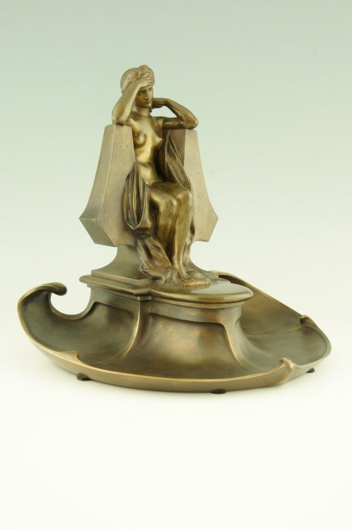 Bronze Art Nouveau bronze inkwell by Max Blondat.