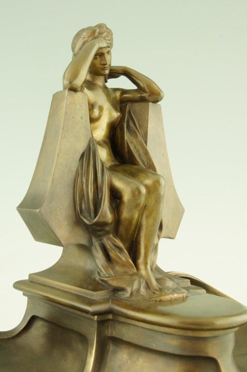 Art Nouveau bronze inkwell by Max Blondat. 1