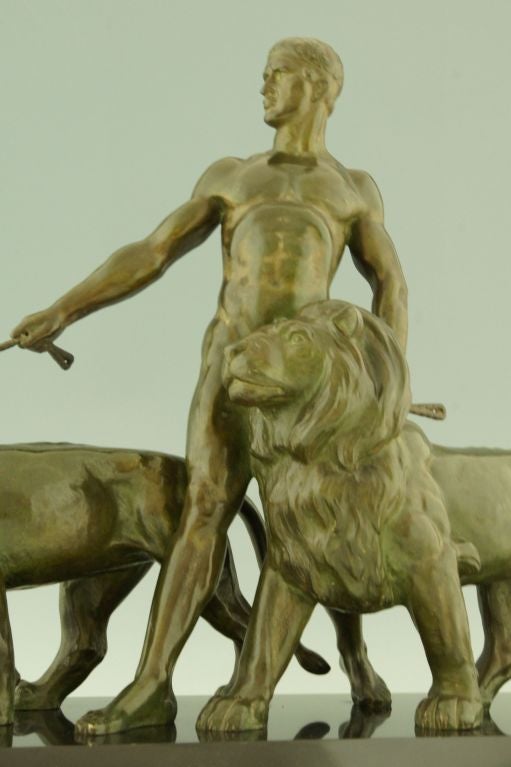 20th Century Art Deco Bronze Sculpture of a Man with Lions by Ouline